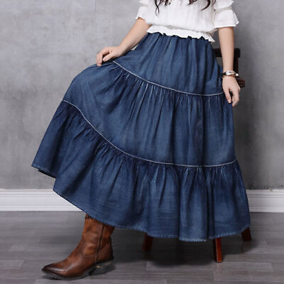 #ad Womens Elastic Waist Denim Long Tiered Skirt Fashion Blue Jeans Maxi Dress $49.99