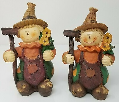 #ad Figurines Scarecrow Farmers Sunflowers Flawed Fall Thanksgiving Vintage Set of 2 $15.95