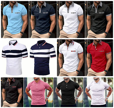 #ad Polo T Shirt Men#x27;s Button Collar Fashion Golf Short Sleeve Sport Tee Black White $25.86