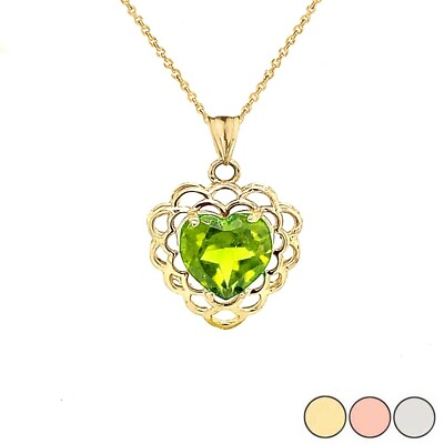 #ad Solid Gold Genuine Peridot Filigree Heart Shaped Pendant Necklace $239.98