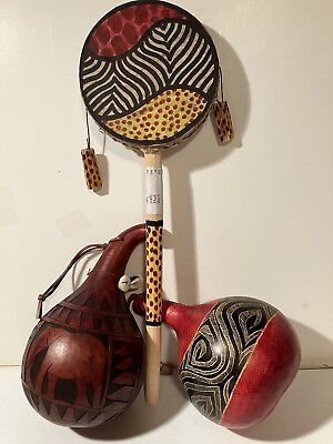 #ad Set of 3 African Gourd Shakers And Hand Spin Drum Hand Made amp; Painted Kenya NEW $65.00