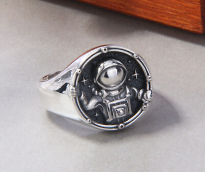 #ad B37 Ring Astronaut And Stars Round Sterling Silver 925 Adjustable $97.34