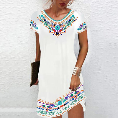 #ad #ad Women#x27;s Boho Floral Short Sleeve Mini Dress Ladies Summer Holiday Beach Sundress $16.18