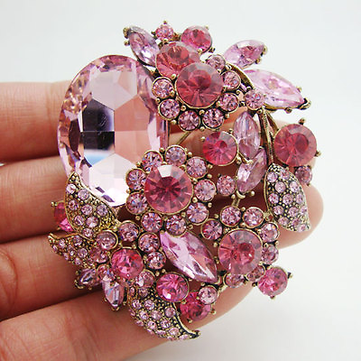 #ad New Fashion Pretty Pink Flower Leaf Pendant Brooch Pin Rhinestone Crystal $11.62
