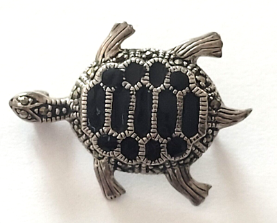 #ad Vintage Sterling Silver Turtle Pin Brooch Black Enamel Marcasite Tiny 1.25quot; $15.00