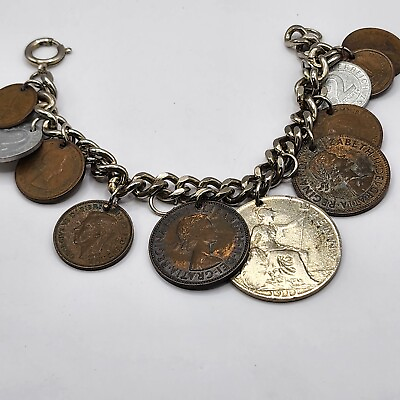 #ad Vintage Charm Bracelet Coin Travel Gold Tone 7quot; $36.99