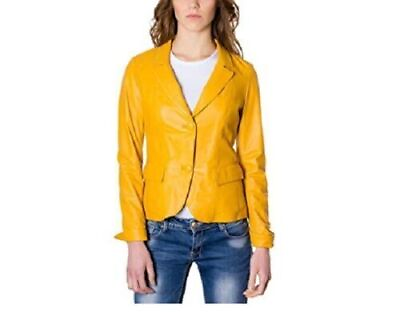 #ad Stylish Yellow Classic Blazer Button Women Real Genuine Lambskin Leather Party $138.75