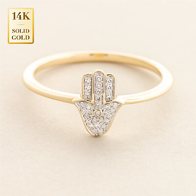 #ad 14K REAL Solid Gold Diamond Hamsa Band Ring Micropavé Genuine Natural Diamond $346.95