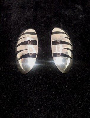 #ad Vtg Handcrafted Sterling Silver Black Enamel Zigzag Oval Inlay Earrings 9.59 G. $39.00