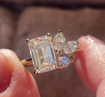 #ad 8x6mm Emerald Cut Moissanite Engagement Ring Emerald Cluster Wedding Gift Women $101.92
