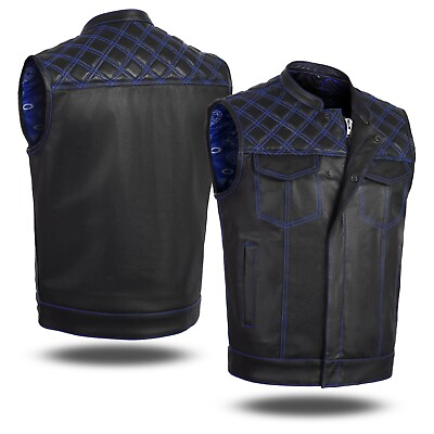 #ad BLUE HL11693SPTBLUE Black Men Cross Stitch Club Leather Vest $99.99
