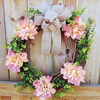 #ad HAND CRAFTED PEACH PINK LIFELIKE FLOWERS amp; GREENERY GRAPEVINE WREATH 20quot; BURLAP $35.20