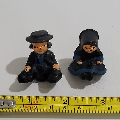 #ad Vintage Mini Cast iron Pilgrim Amish Boy And Girl Figurine Painted Shelf Sitter $9.95