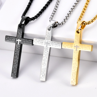 Men Women Cross Necklace Lord#x27;s Prayer Pendant Christian Jewelry Stainless Steel $12.99