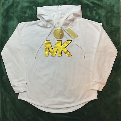 #ad MICHAEL KORS Women’s Long Sleeve Hoodie Pullover LARGE White w Gold MSRP $98.00 $65.00