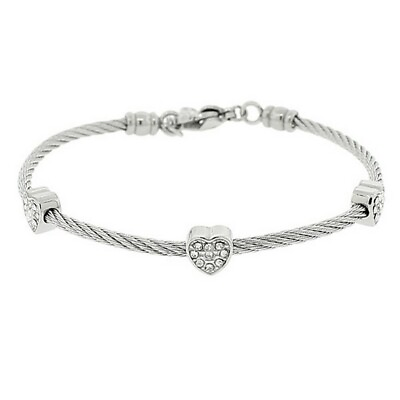 #ad Stainless Steel Silver Tone Twisted Cable Rope Crystals CZ Love Heart Bracelet $14.99