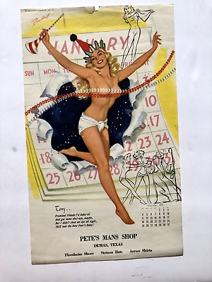 #ad Authentic January 1953 Pinup Girl Calendar Page by Bill Randall New Year#x27;s Baby $52.00