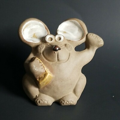 #ad Vtg Figure Pottery Mouse Holding Cheese Pic USA Partial Glaze Stone Color $18.00