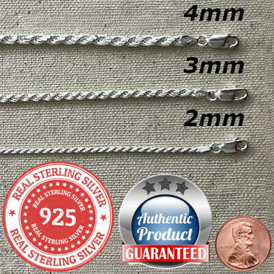 #ad 925 Sterling Silver real Italian Silver solid Rope Chain Mens womans Necklace $8.99