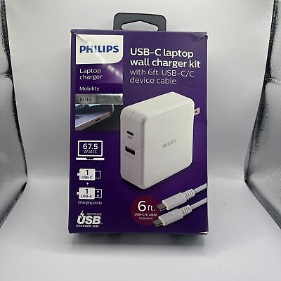 #ad Philips DLP6111C 37 White 67.5 Watts USB C Laptop Wall Charger w Charging Cable $14.88