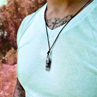 #ad Rutilated Quartz Necklace Men#x27;s Crystal Necklace Leather Chain Necklace $38.00