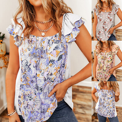 #ad Women Boho Floral Ruffle Vest Tank Tops Summer Beach Holiday Cami Blouse T Shirt $19.99