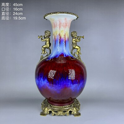 #ad 14.8quot; old China Porcelain Qing Dynasty Ceramic glaze Copper inlay bottle $1650.00