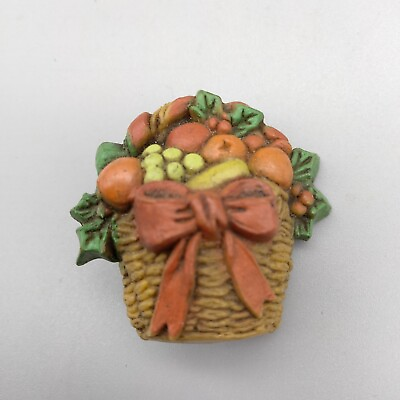 #ad Hallmark Fall Autumn Fruit Basket Brooch Harvest Bow Resin Pin Vintage Estate $13.99
