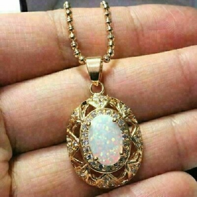 #ad 3 CT Oval Cut Fire Opal amp; Diamond Vintage Pendant Necklace 14K Yellow Gold Over $104.73