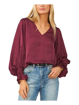 VINCE CAMUTO Womens Burgundy Ruffled Smocked Pouf Sleeve V Neck Top L $32.99