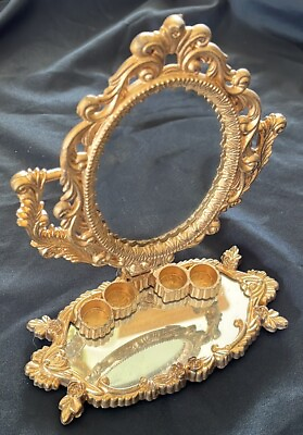 #ad Vintage Gold Tone Mirror W Lipstick Holder Plastic Hollywood Regency Hong Kong $19.99