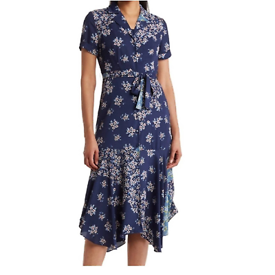 #ad Nanette Lepore Blue Floral short sleeve Midi belted shirt Dress Size 4 $51.99