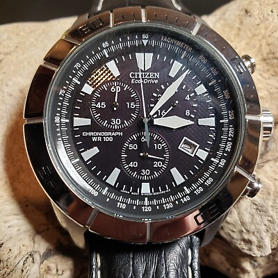 #ad Citizen Eco Drive Black Dial Tachymeter Chronograph Watch H500 S060834 SERVICED $129.99