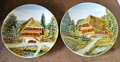 #ad 2 Vintage Zell German Am Hamersbach 9.5quot; Decorative Plates Country Cabin Scene $17.55