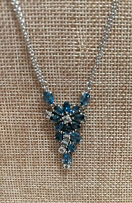 #ad Sterling rhodium Plated CZ Blue Spinal Pendant Double Stranded Necklace $40.00