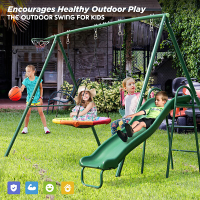 #ad Large Metal Swing Set Kids Heavy Duty Backyard Playground w Slide Fun Play $236.64