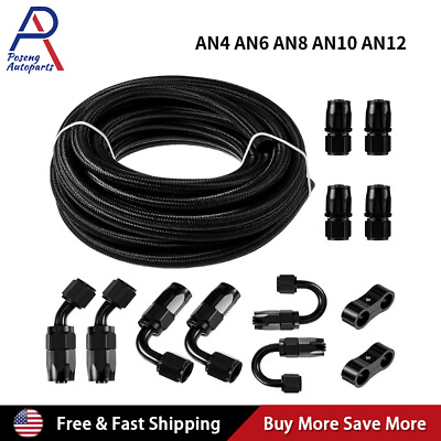 #ad 6AN 8AN 10AN Fitting Steel Nylon Braided Oil Fuel Line Swivel Hose End 20FT Kit $52.99