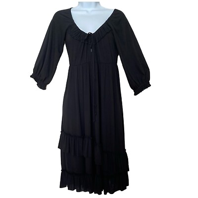 #ad LaRok Vintage Women#x27;s Black Peasant Cottage Core Tiered 3 4 Sleeve Dress Size M $32.00