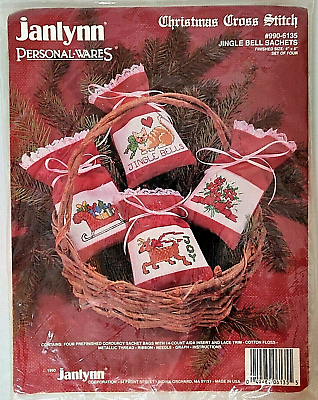 Janlynn Christmas Cross Stitch Jingle Bell Sachets 1990 Holiday Bags 990 6135 $12.71