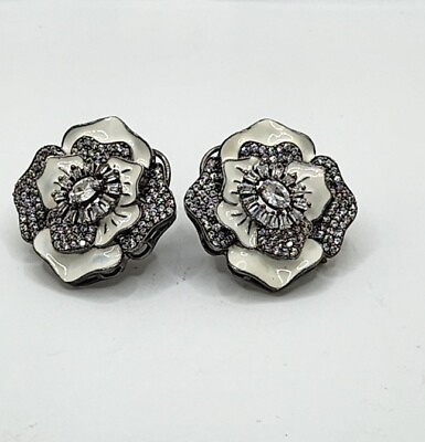 #ad Antique Silver White Enamel Rhinestone Flower Earrings $13.25