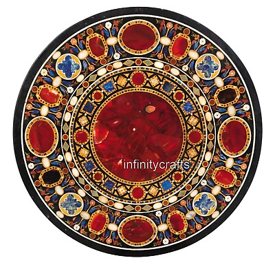 #ad Round Black Marble Dining Table Top Carnelian Stone Inlay Work Lawn Center Table $1929.50