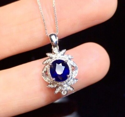#ad 2 Carat Lab Created Blue Sapphire Women#x27;s Halo Pendant White Gold Plated Silver $136.32