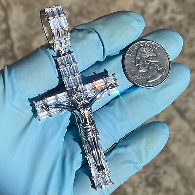 #ad 925 Sterling Silver Crucifix Jesus Piece Cross Baguette Iced CZ Pendant Big 2.5quot; $99.95