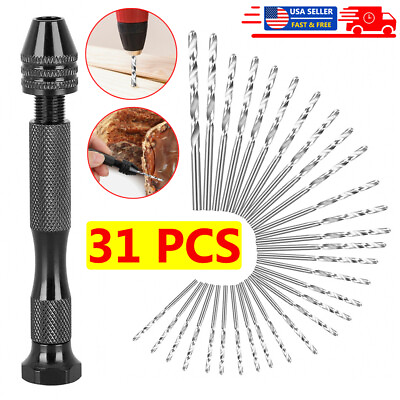 #ad 31Pcs Mini Micro Vise Rotary Chuck Pin Hand Drill Bits Small Manual Keyless Set $9.99