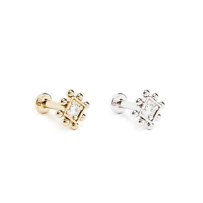 #ad 14K REAL Solid Gold Diamond Beaded Square Stud Helix Cartilage Conch Earring 16G $149.00
