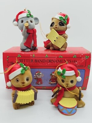 #ad Vintage Christmas Ornaments Flocked Critter Band Set 4 With Original Box $9.99