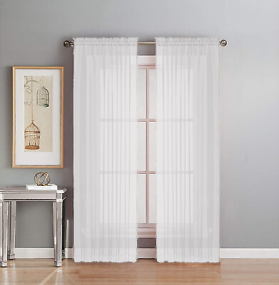 #ad 2 Piece Fully Stitched Sheer Voile Window Panel Curtain Drape Set $11.99