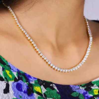 #ad 15Ct Round Cut Cubic Zirconia Diamond 18quot;Tennis Necklace 14k Yellow Gold Plated $216.70