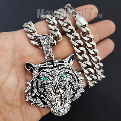 #ad Silver Plated Alloy Cubic Zirconia Large Tiger Pendant amp; Cuban Chain Necklace $26.99