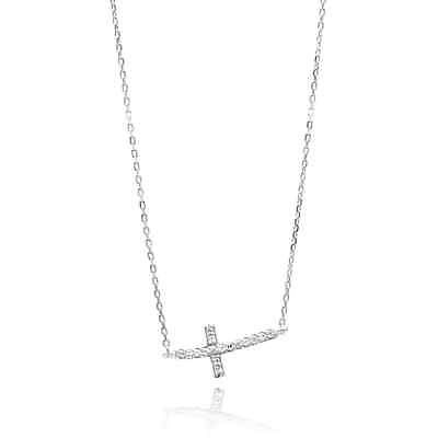 #ad Sterling Silver 925 Rhodium Plated Sideways Cross CZ Necklace $37.52